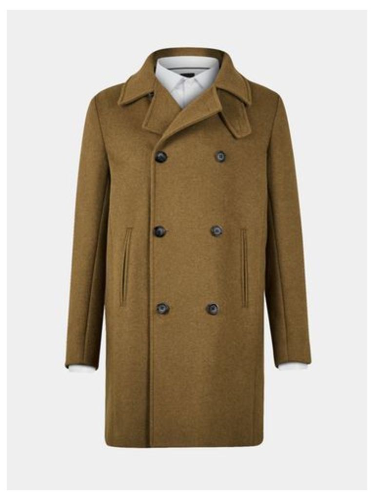Mens Olive Double Breasted Wool Overcoat, MID GREEN