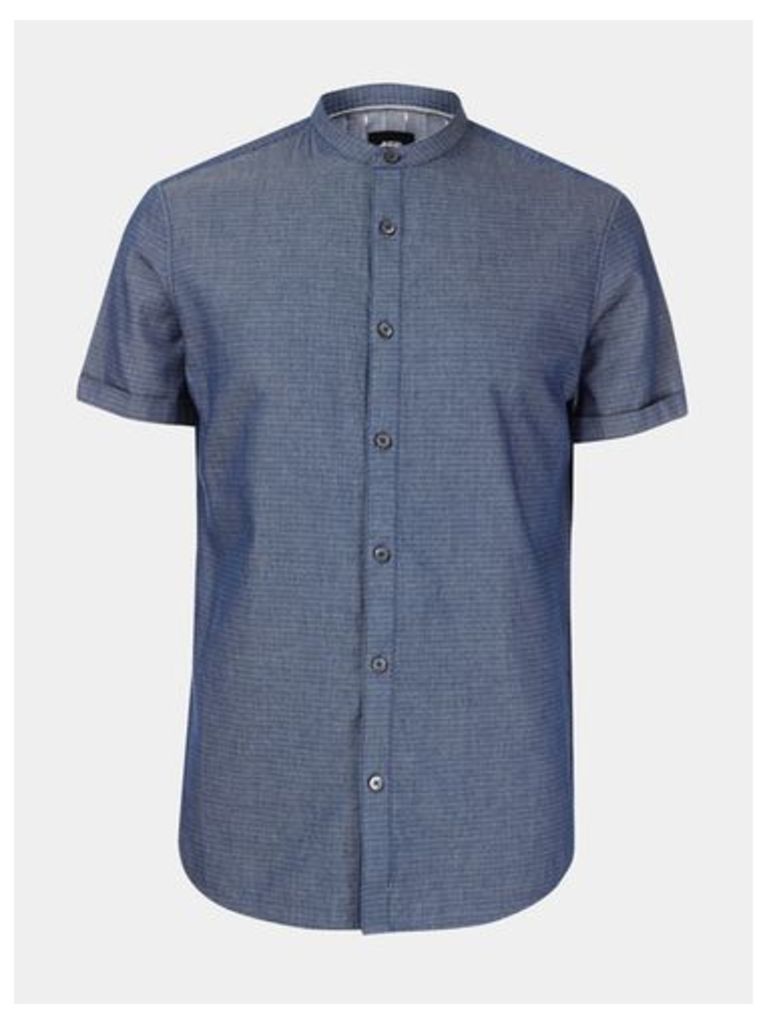 Mens Short Sleeve Indigo Textured Grandad Shirt, Blue