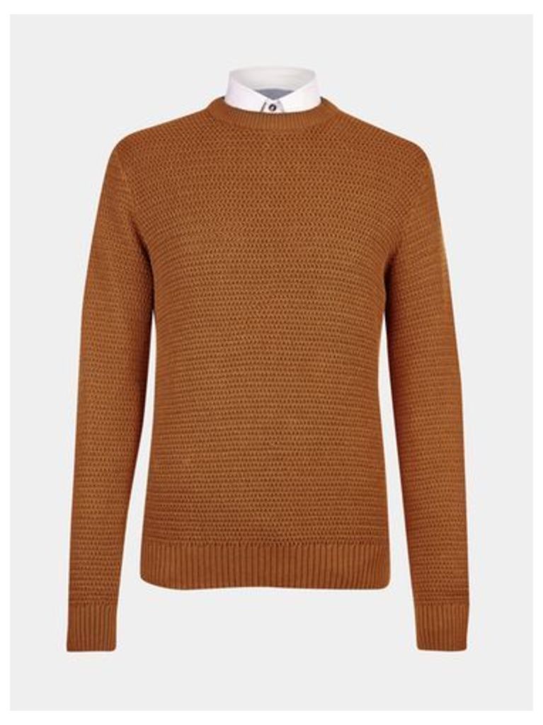 Mens Ginger Textured Knitted Jumper, BROWN