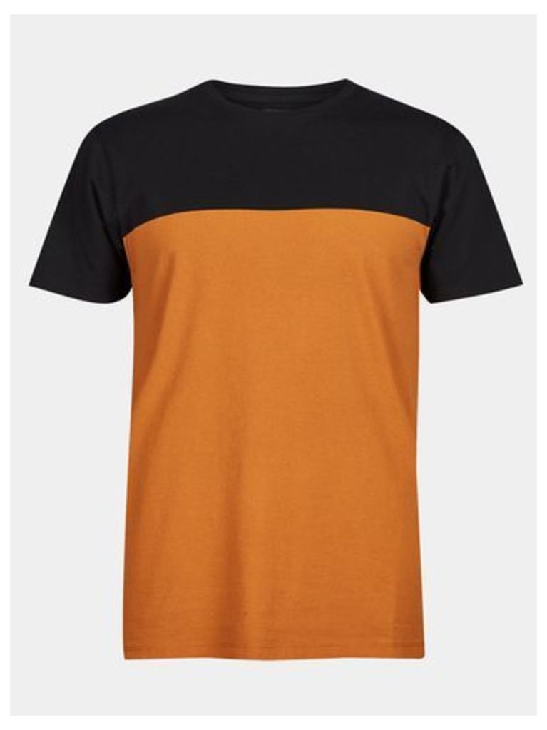 Mens Orange And Black Colour Block T-Shirt, ORANGE