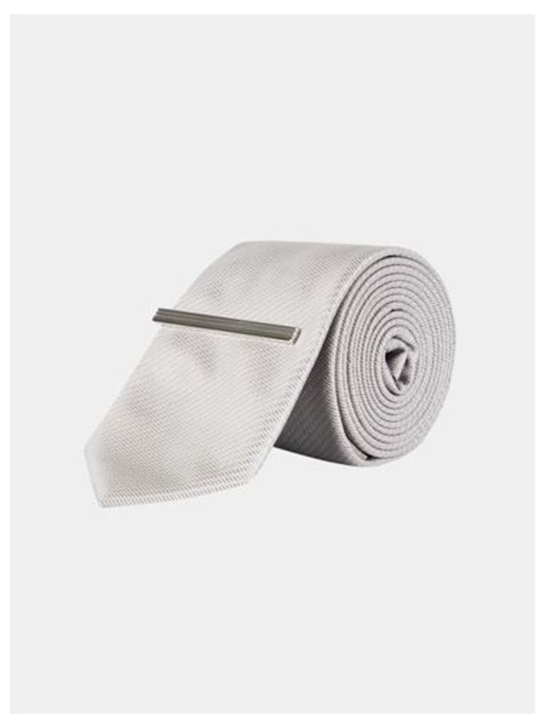 Mens Grey Textured Tie With Clip, Grey