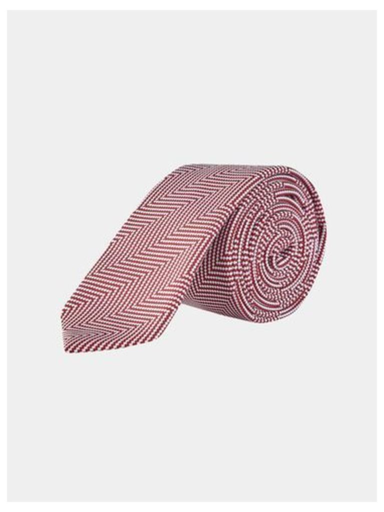 Mens Red Herringbone Tie With Clip, RED