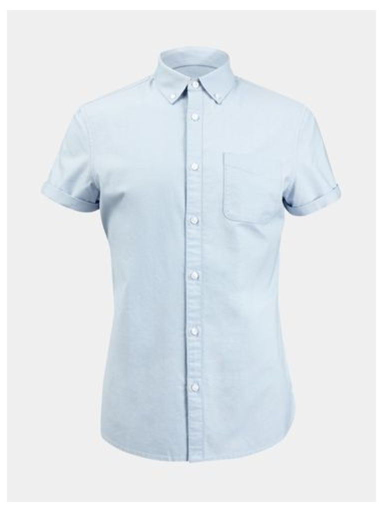 Mens Light Blue Short Sleeve Oxford Shirt, Grey