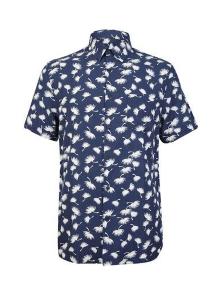 Mens Navy Short Sleeve Dandelion Print Shirt, Blue