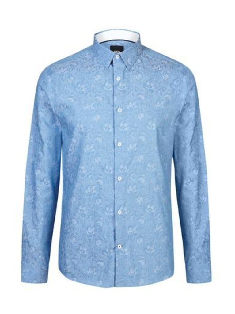 Mens Blue Long Sleeve Jacquard Shirt, Blue