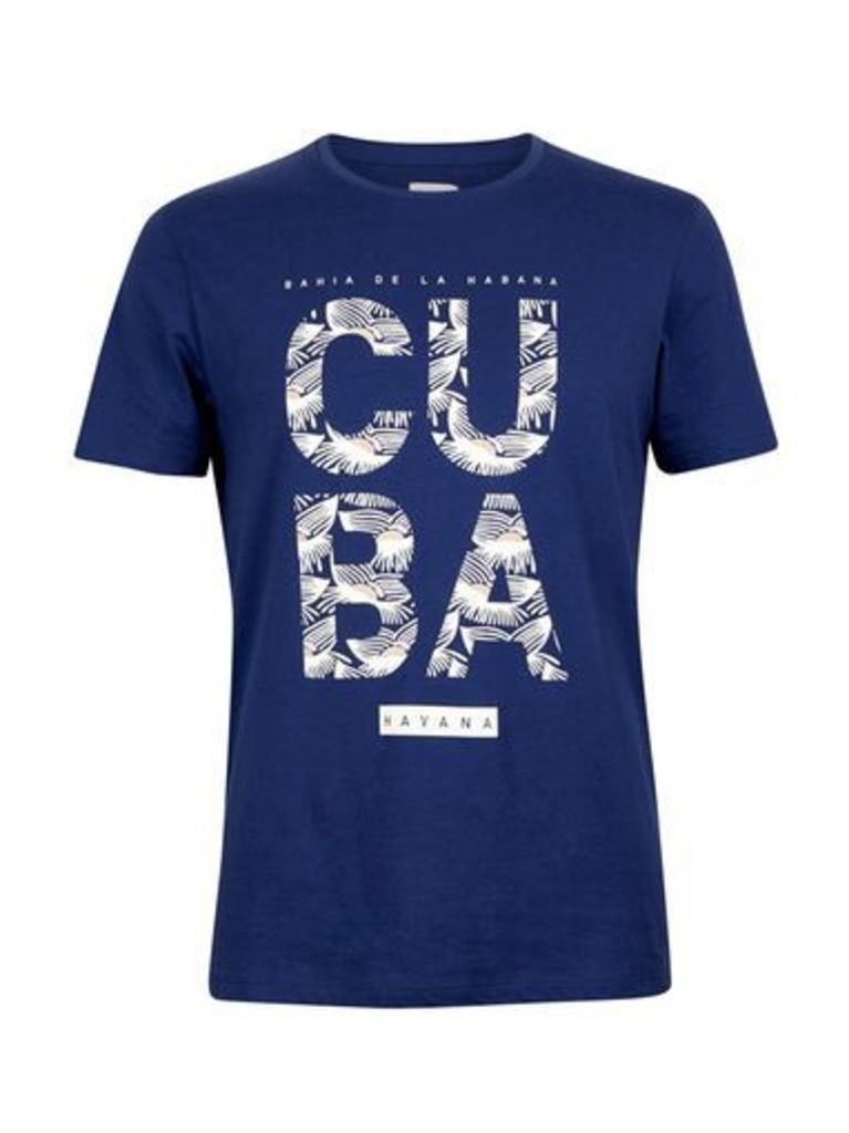 Mens Blue Cuba Text Print T-Shirt, Blue