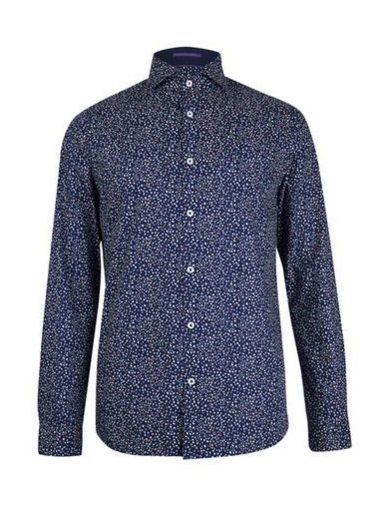 Mens Spitalfields Co Navy Dot Shirt with Liberty Fabric, Blue