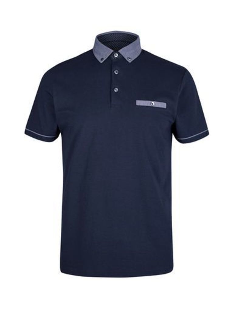 Mens Navy Textured Collar Knitted Polo Shirt, Blue