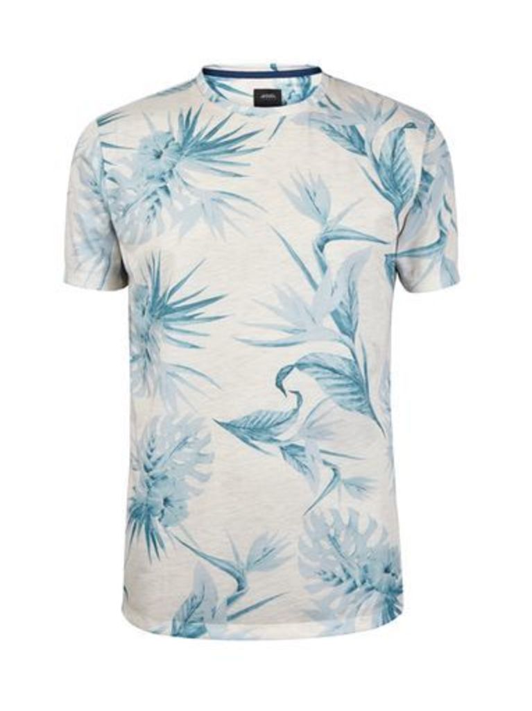 Mens Ecru And Blue Floral Print T-Shirt, Cream