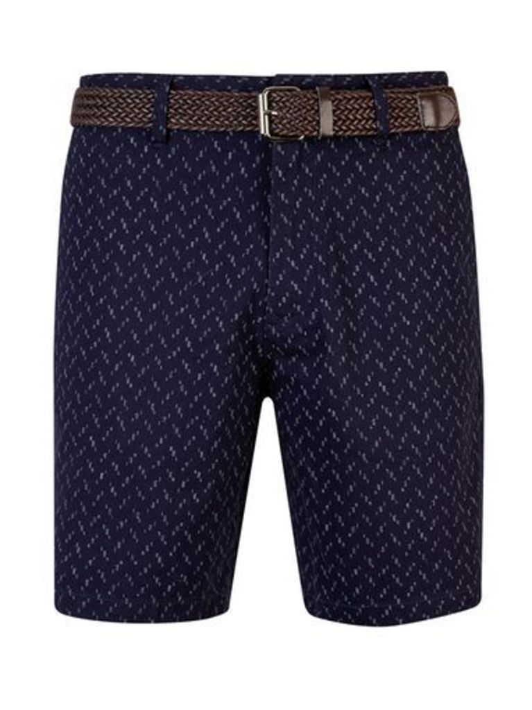 Mens Navy Printed Belted Shorts, Blue