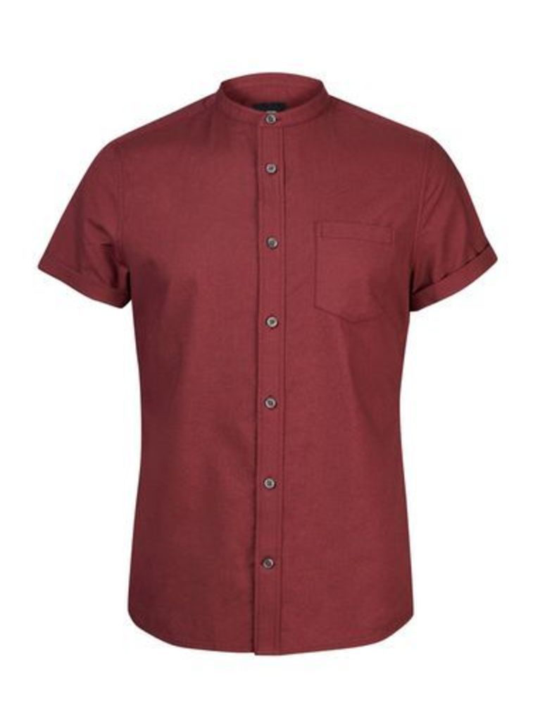Mens Berry Short Sleeve Grandad Oxford Shirt, BURGUNDY