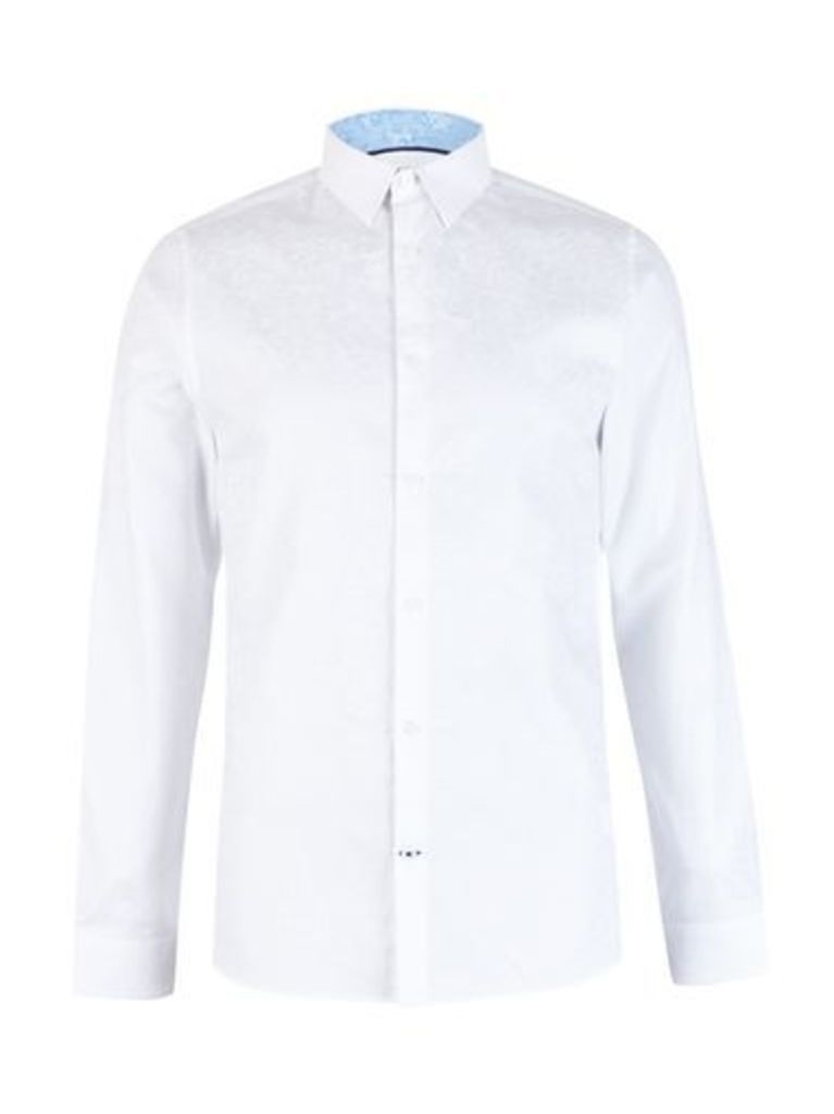 Mens White Long Sleeve Paisley Print Jacquard Shirt, White