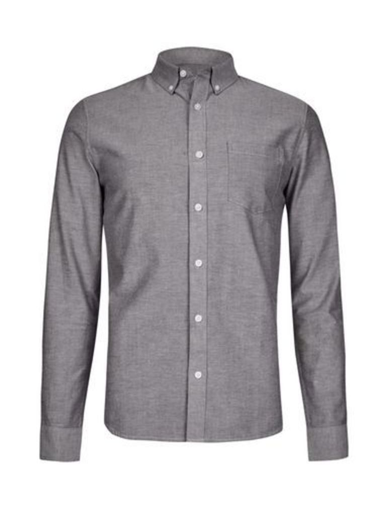 Mens Grey Long Sleeve Oxford Shirt, Grey