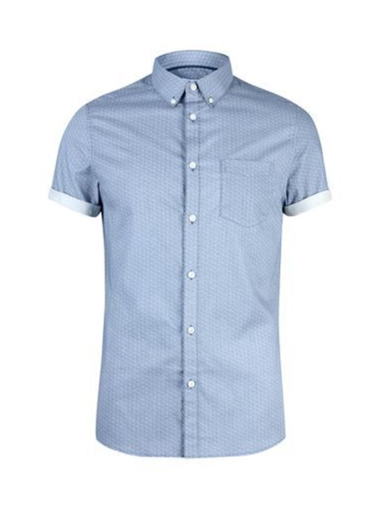 Mens Blue Short Sleeve Geometric Print Shirt, Blue