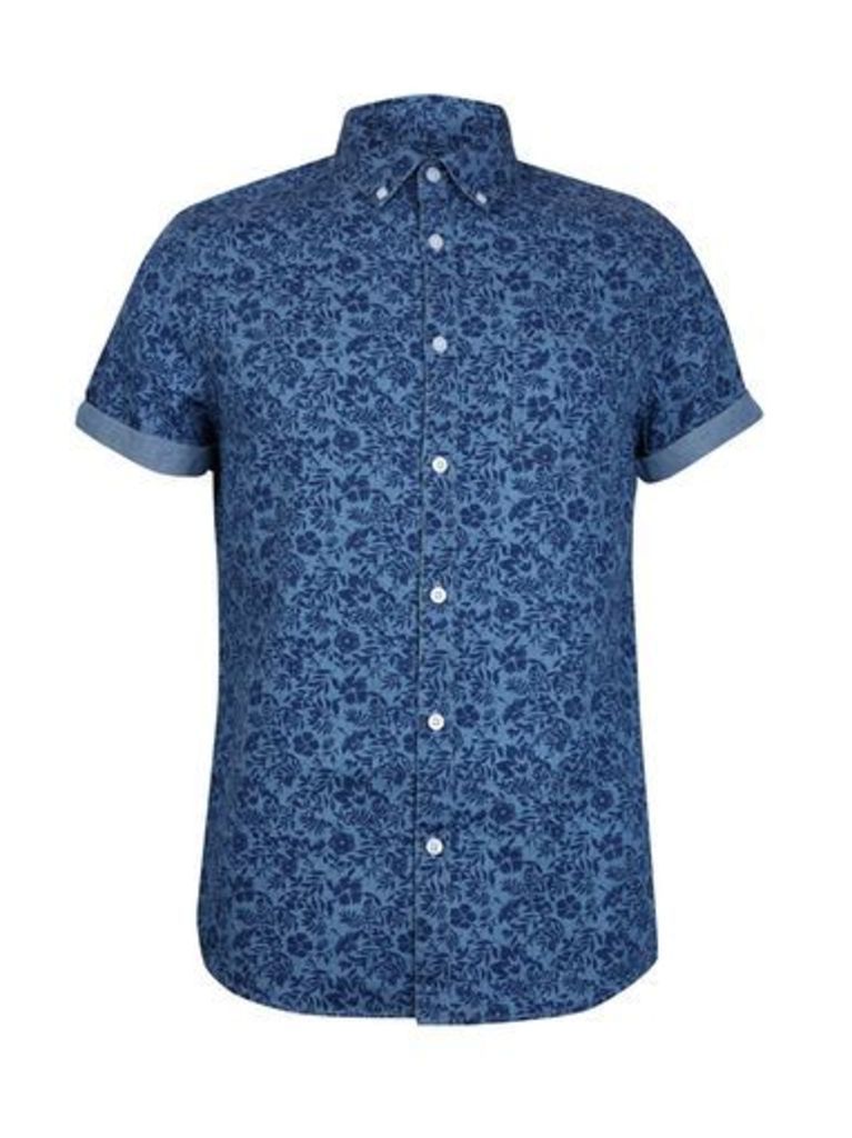 Mens Denim Short Sleeve Floral Print Shirt, Blue