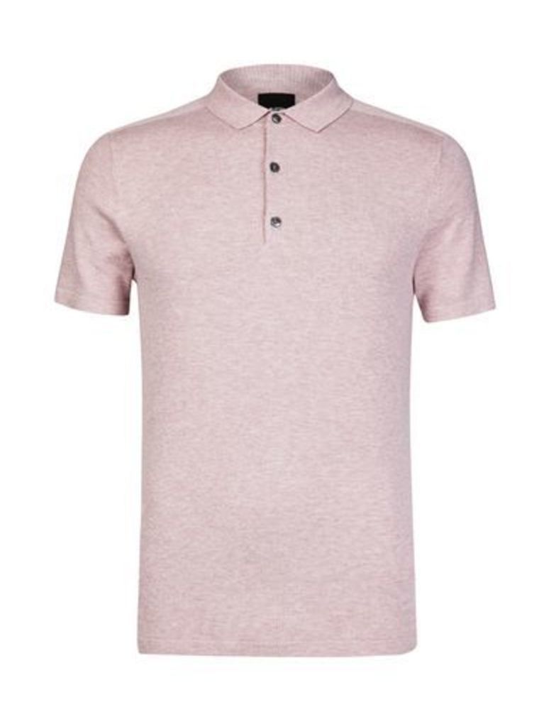 Mens Pink Knitted Polo Shirt, PINK