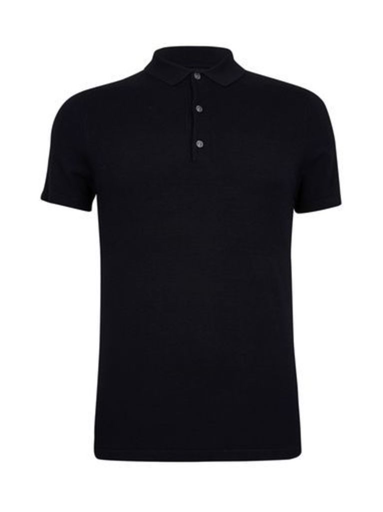 Mens Black Textured Knitted Polo Shirt, Black