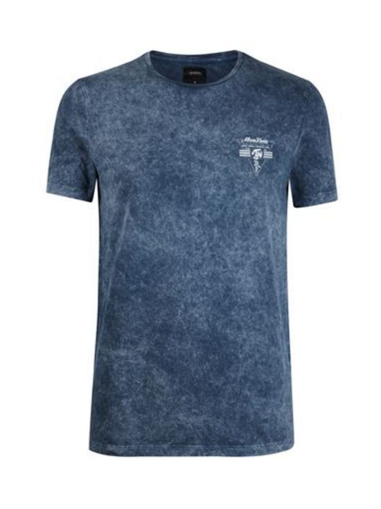 Mens Blue Acid Wash Chest Print T-Shirt, Blue