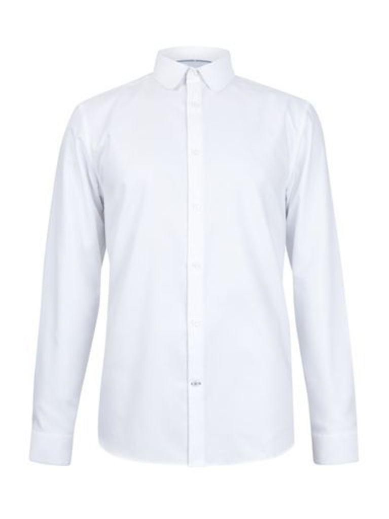 Mens White Slim Fit Rounded Collar Oxford Shirt, White