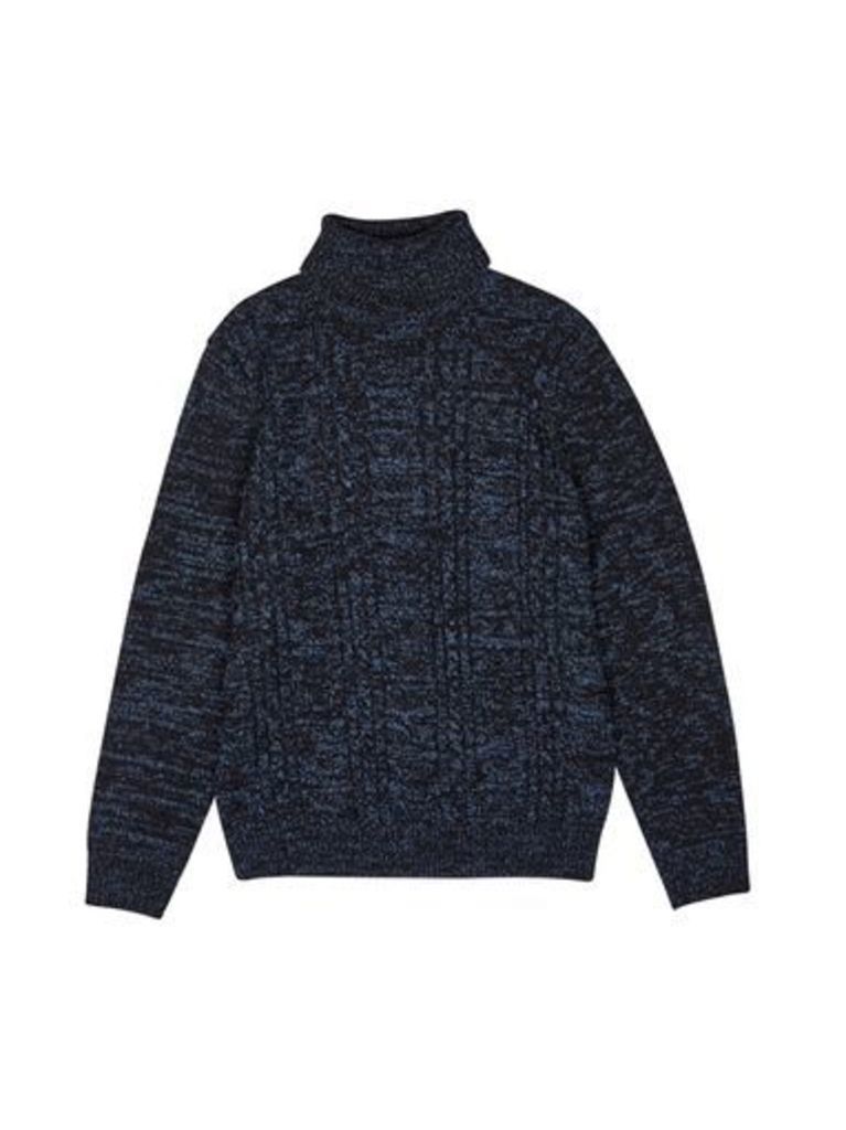 Mens Cable Knit Roll Neck Jumper, Blue
