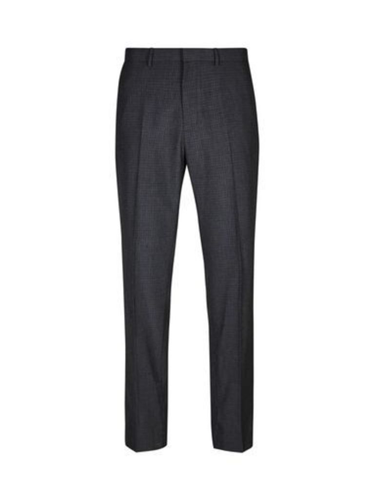 Mens Grey Wool Blend Skinny Fit Checked Trousers, Grey