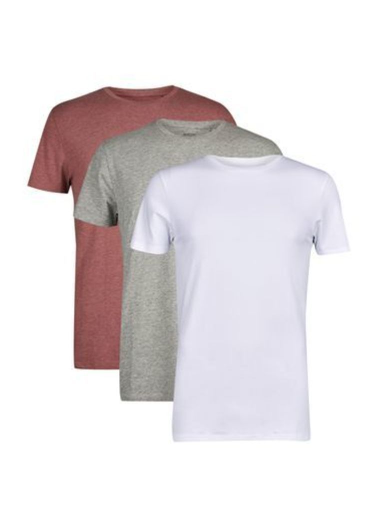 Mens 3 Pack White, Grey And Berry Basic T-Shirts, White