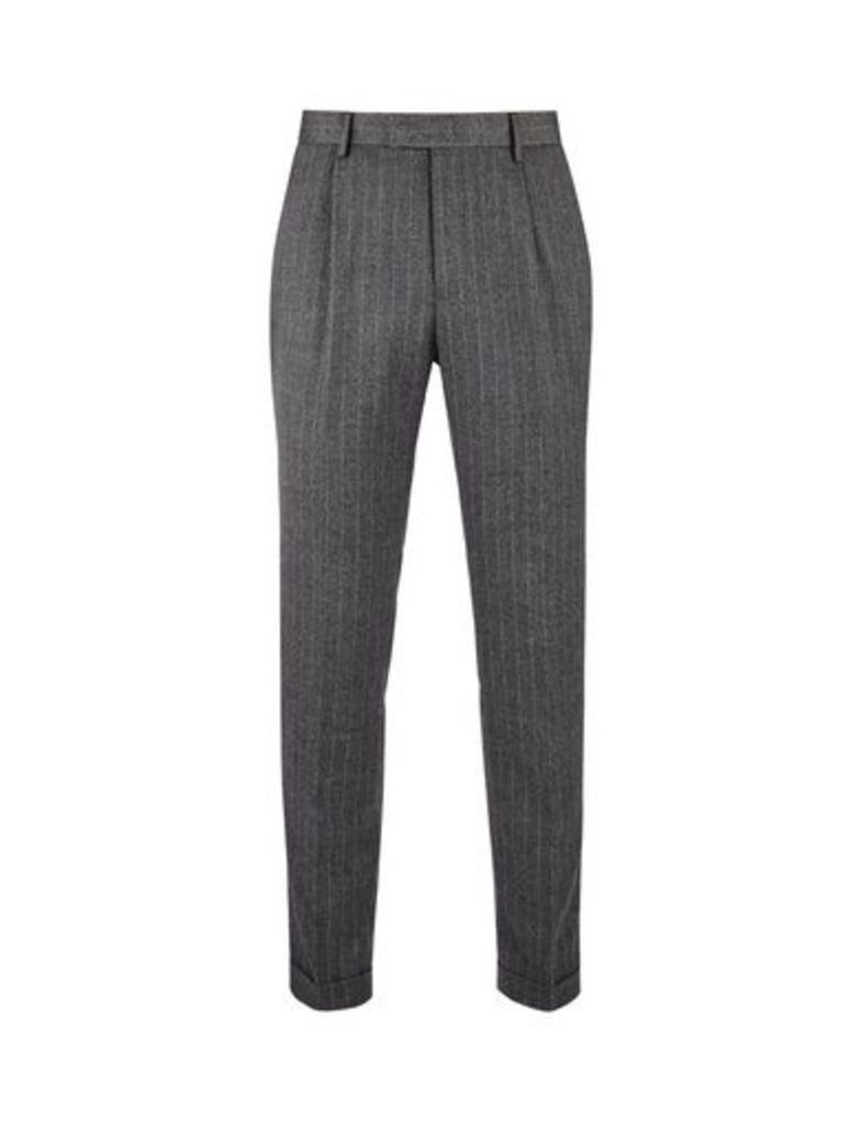 Mens Grey Striped Tapered Fit Pleat Trousers, Grey