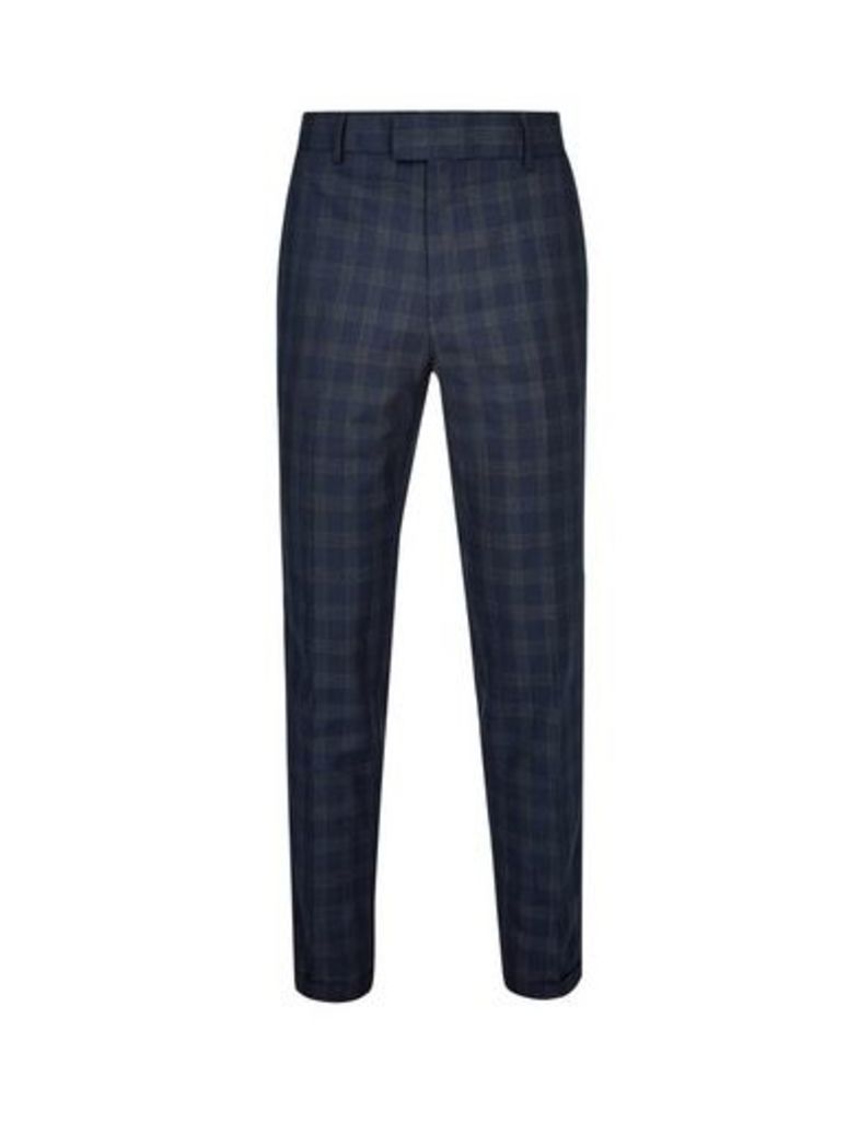 Mens Navy Textured Slim Fit Checked Trousers, Blue