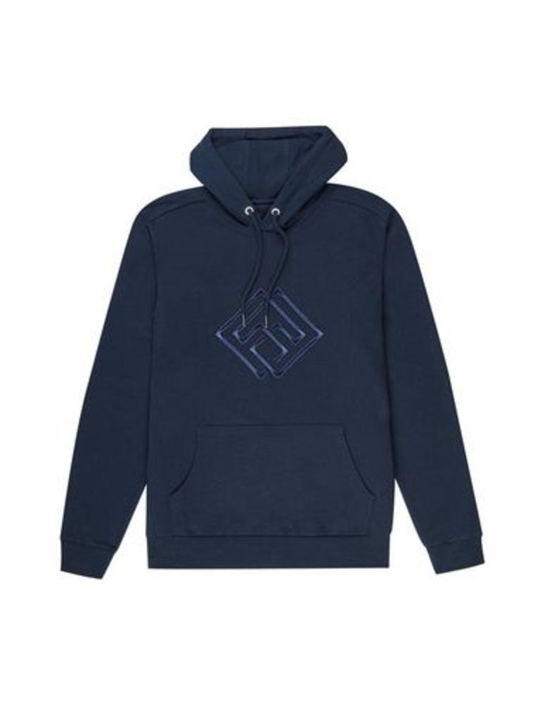 Mens Navy Embroidered Overhead Hoodie With Side Zips, Blue