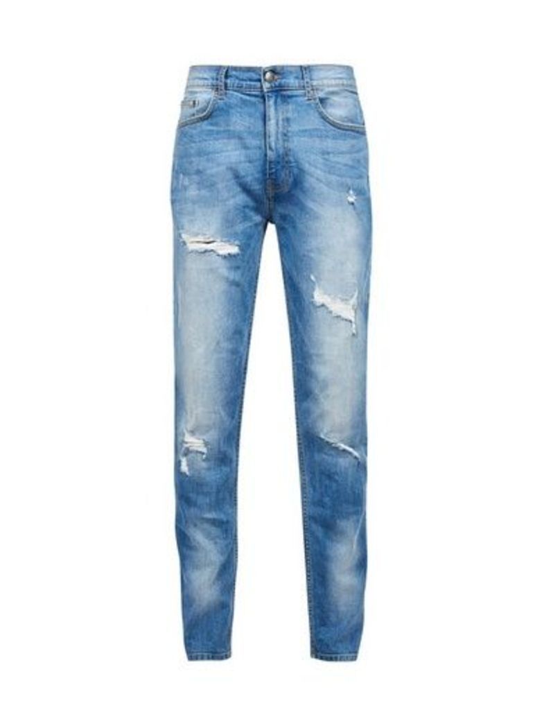 Mens Light Blue Carter Tapered Fit Jeans With Backed Rips, Blue