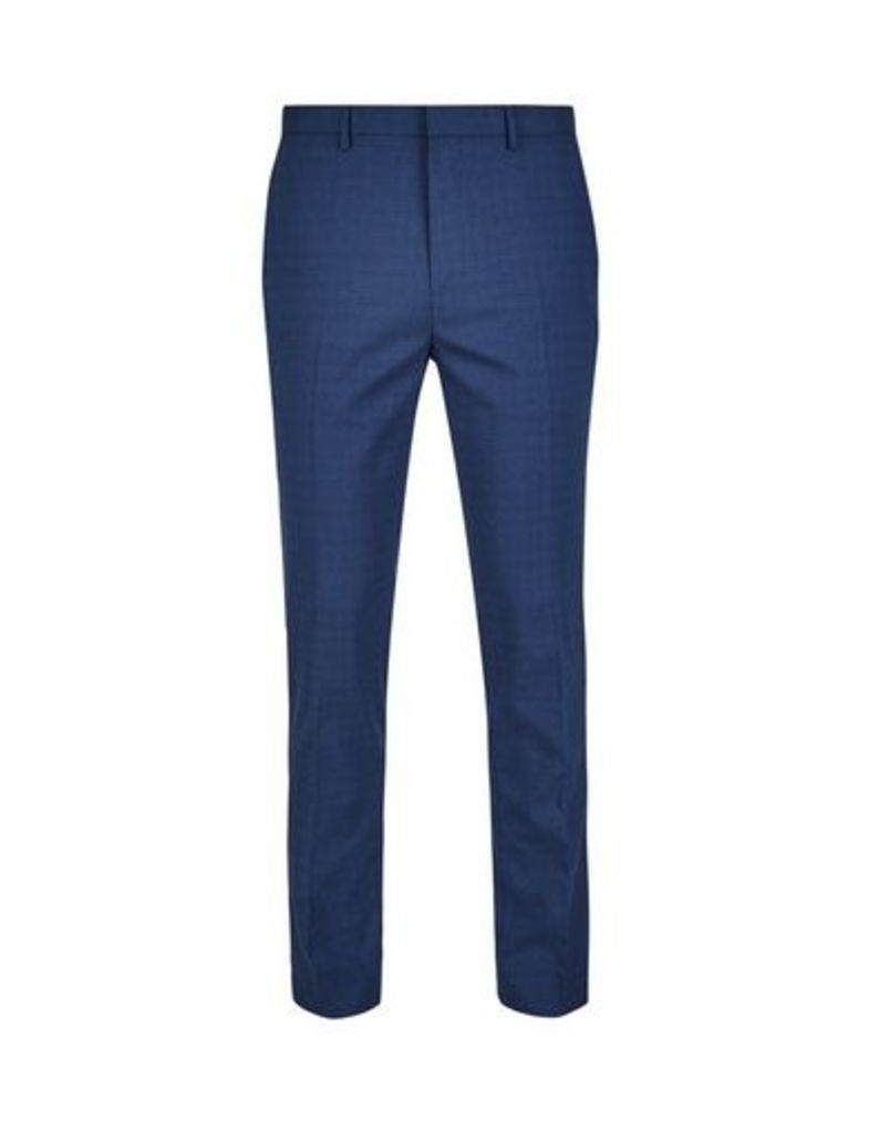 Mens Navy Skinny Fit Mini Check Stretch Trousers, Blue