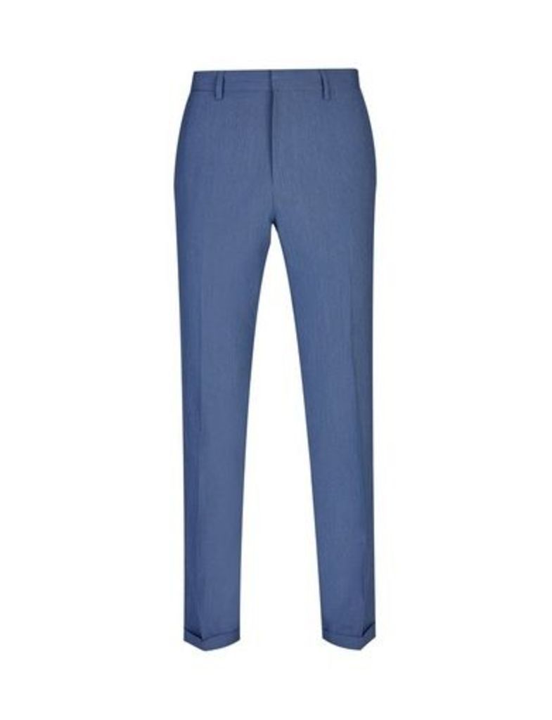 Mens Blue Slim Fit Textured Stretch Trousers, Blue