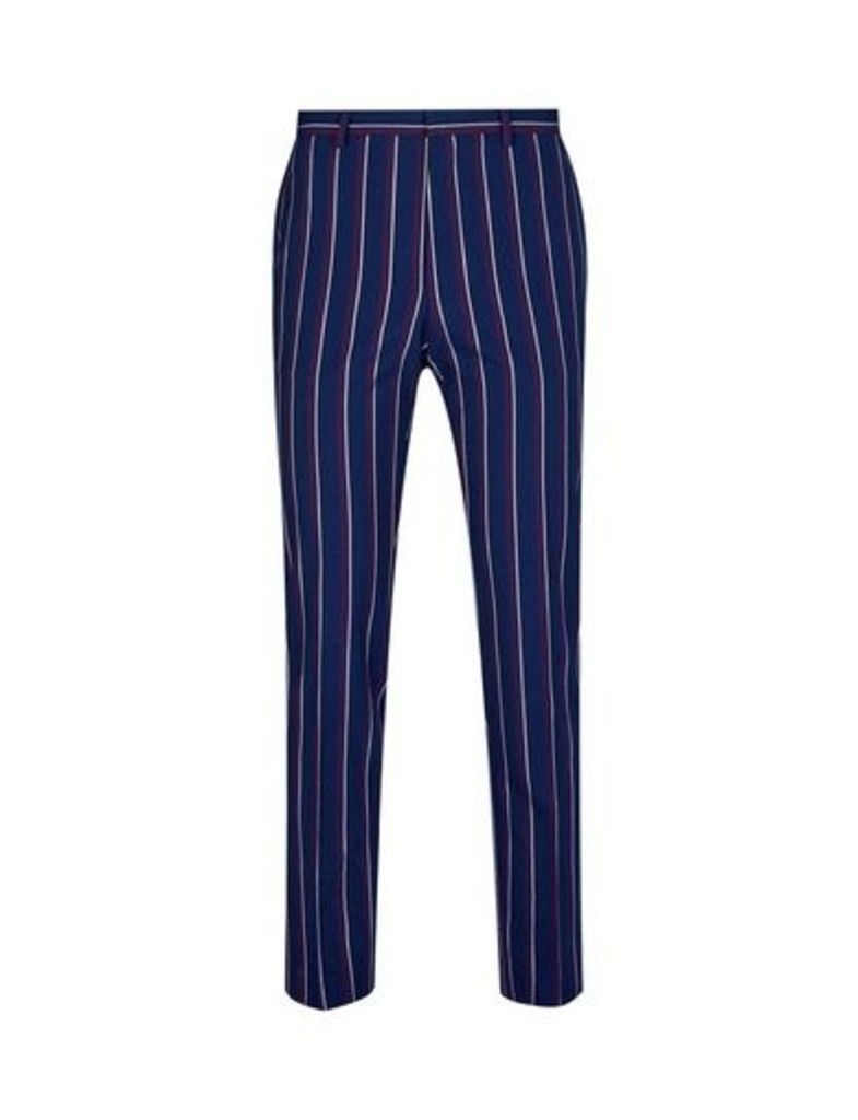Mens Navy And Burgundy Stripe Skinny Fit Trousers, NAVY