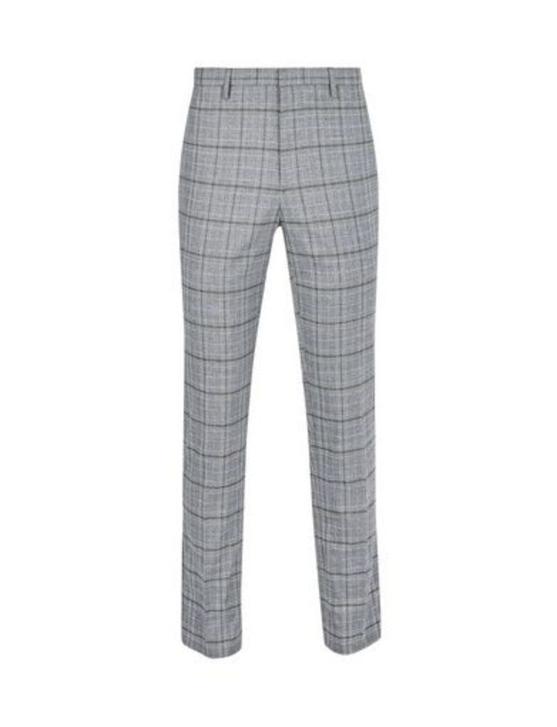 Mens Grey Skinny Fit Stretch Grindle Check Trousers, Grey