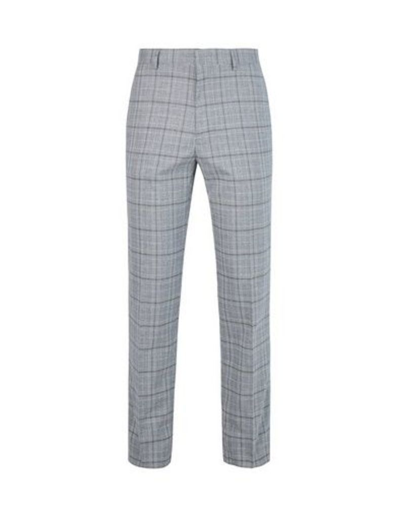 Mens Grey Slim Fit Stretch Grindle Check Trousers, Grey