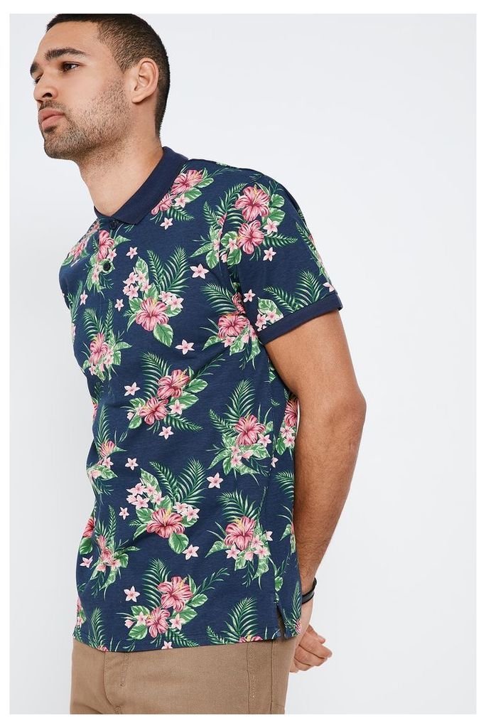 Threadbare Tropical Print Polo Shirt - Navy
