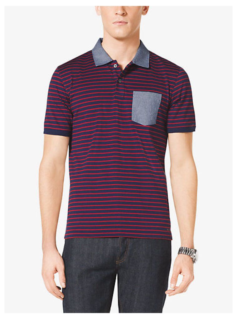 Pocket-Front Striped Cotton Polo Shirt