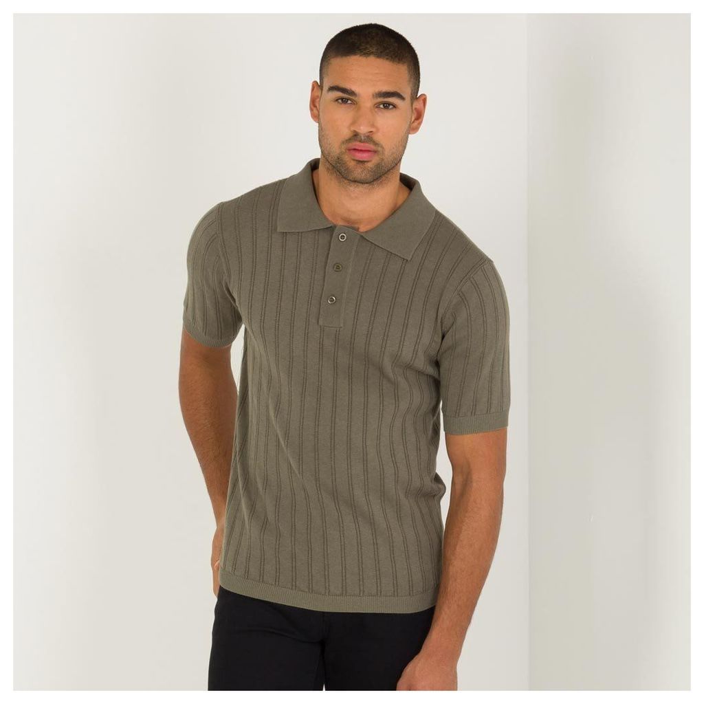 Ribbed Knitted Polo Top - Khaki