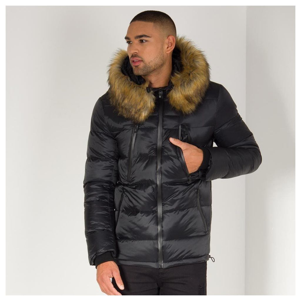 Quilted Puffer Coat - Black/Tan