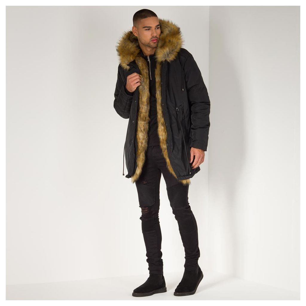 Fur Lined Coat - Black/Tan