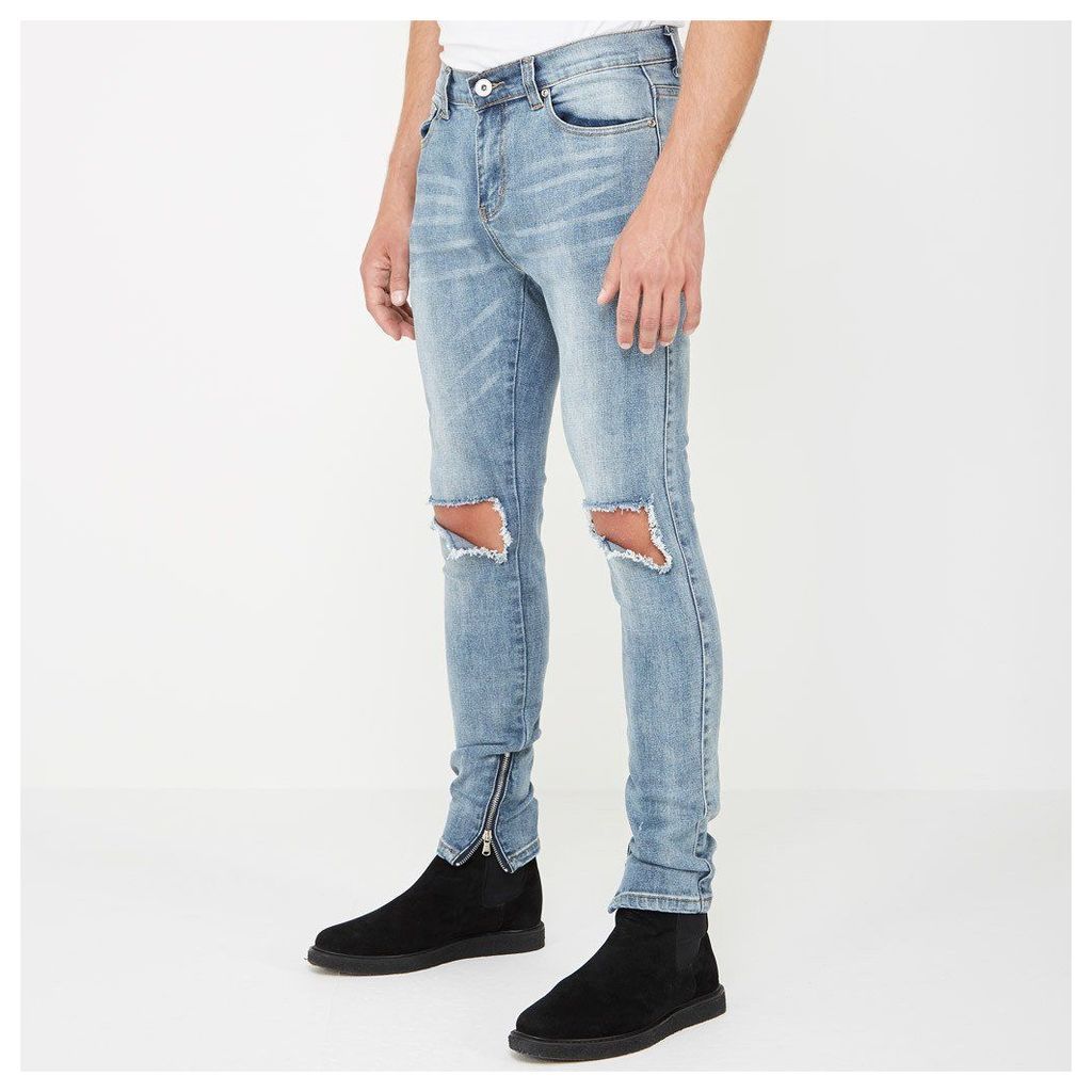 Distressed Jeans with Zips - Mid Blue