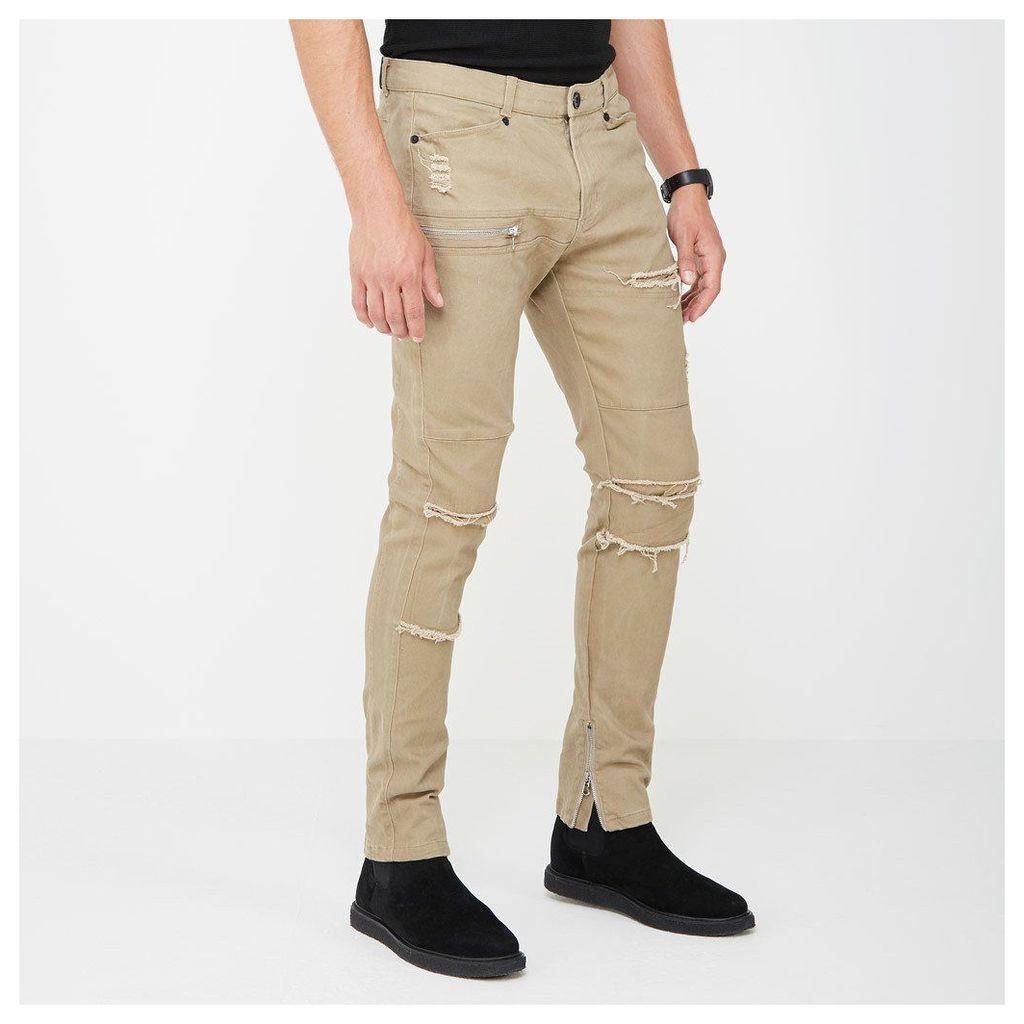 Distressed Zipper Jeans - Beige