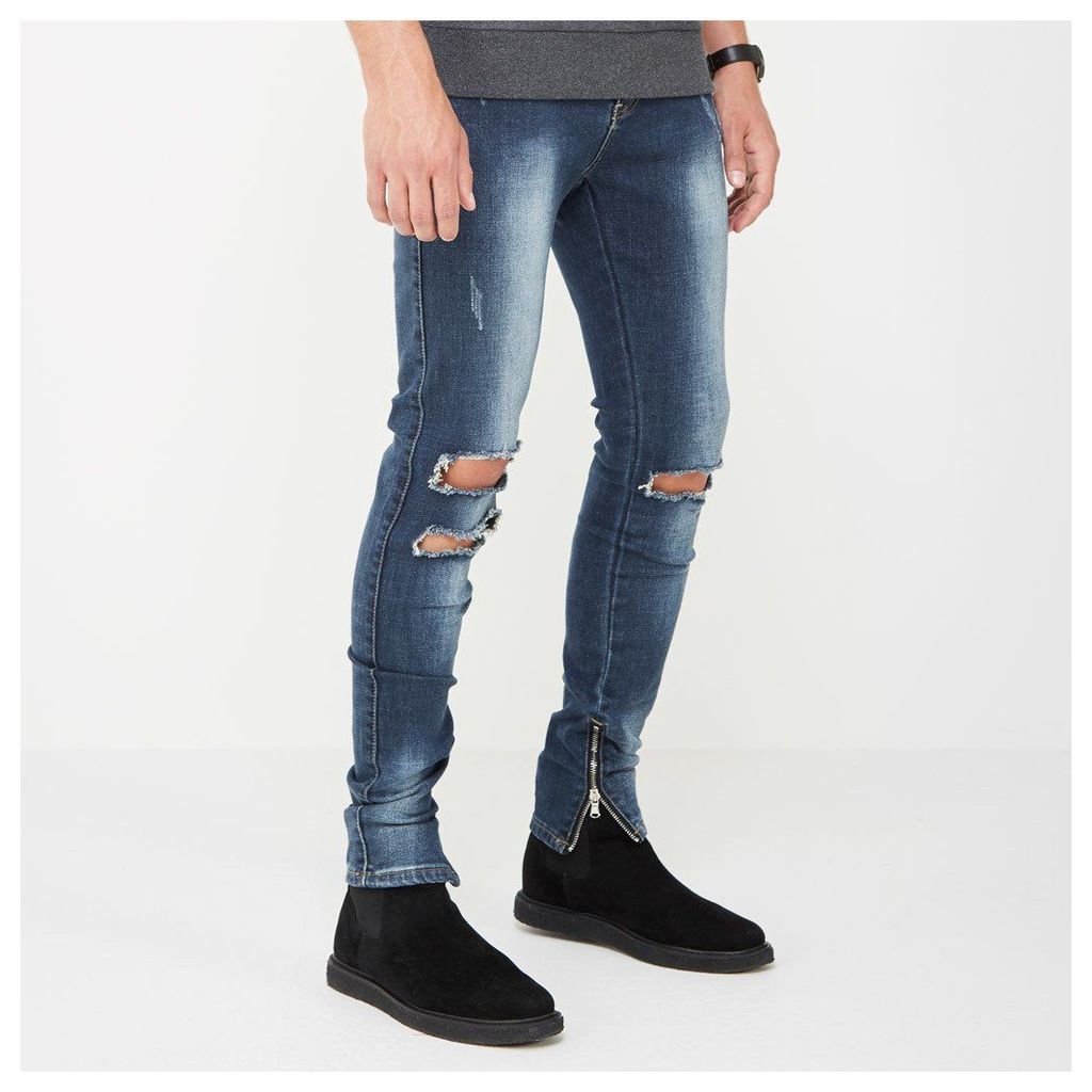 Double Ripped Jeans with Zip - Indigo