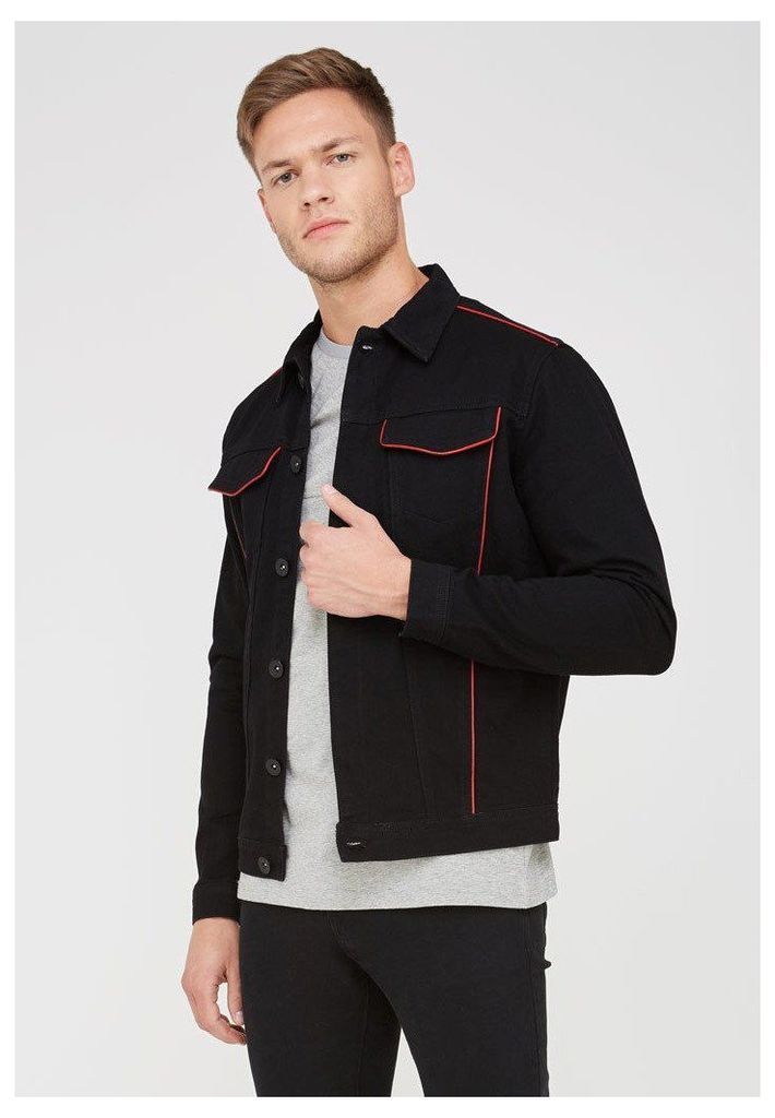 Denim Jacket with Leather Piping - Black/Red
