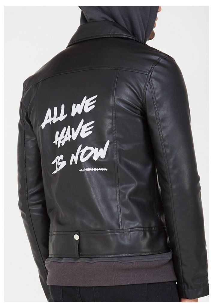 Leather Biker Jacket with Print - Black
