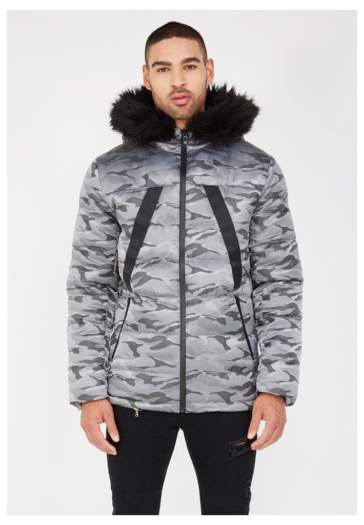 Quilted Puffer Jacket with Fur Hood - Grey Camo