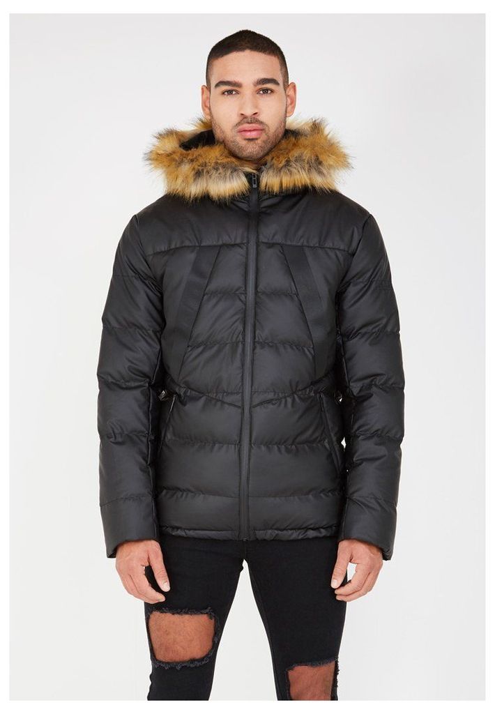 Quilted Puffer Jacket with Fur Hood - Black