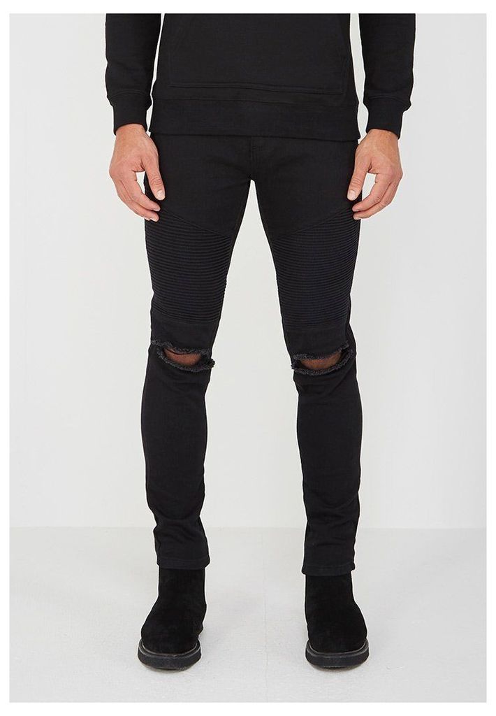 Ribbed Jeans with Ripped Knee - Black