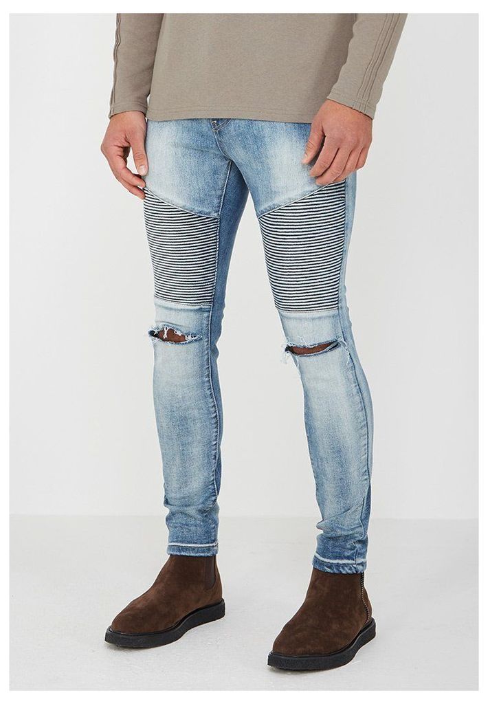 Ribbed Jeans with Ripped Knee - Mid Blue
