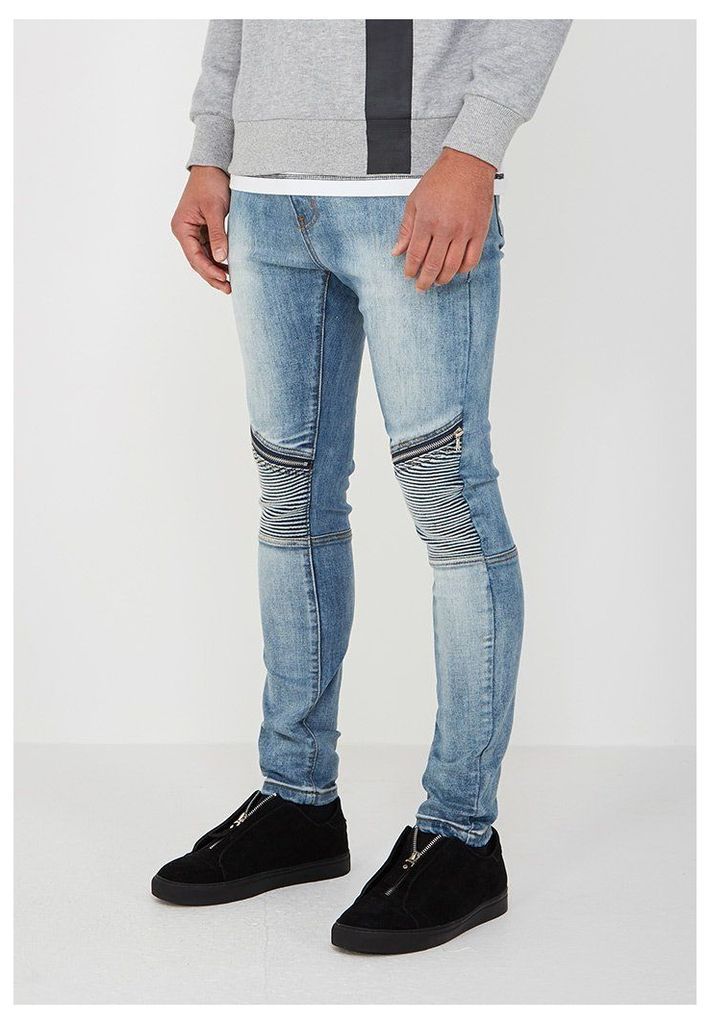 Ribbed Jeans with Zip Detail - Mid Blue